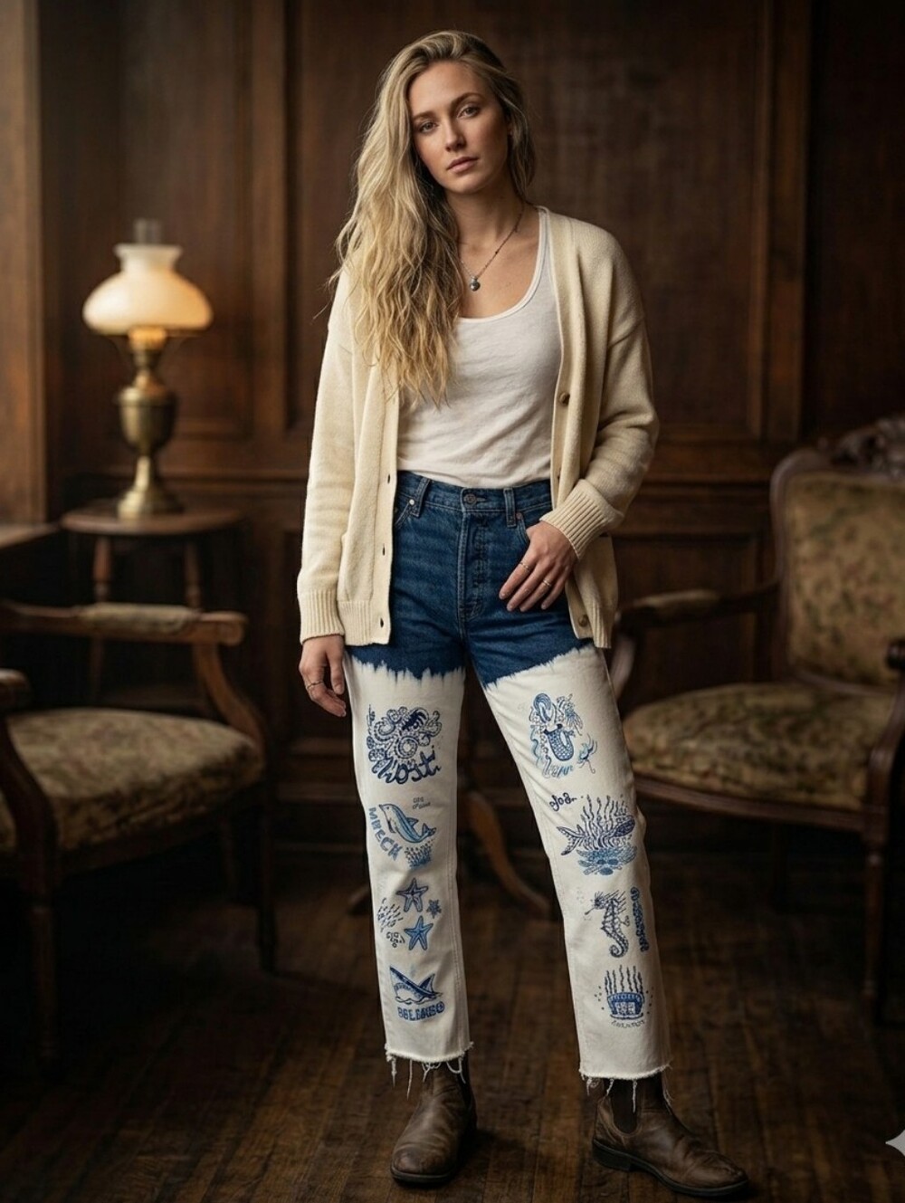 NWT MOTHER Two-Tone Straight-Leg Jeans in Dark Blue and White with Blue Motif